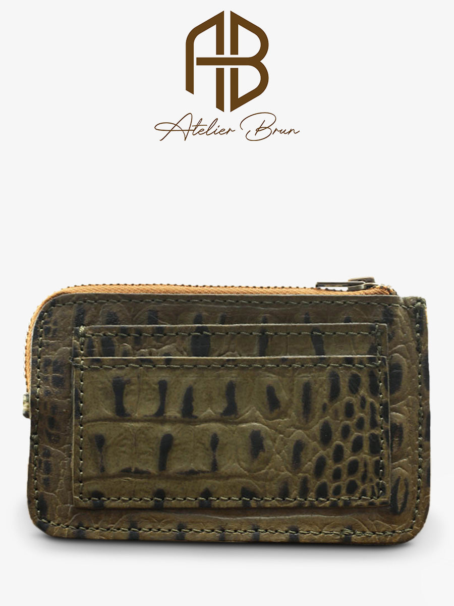 Kaki Leather Card & Coin Holder with Zip Closure