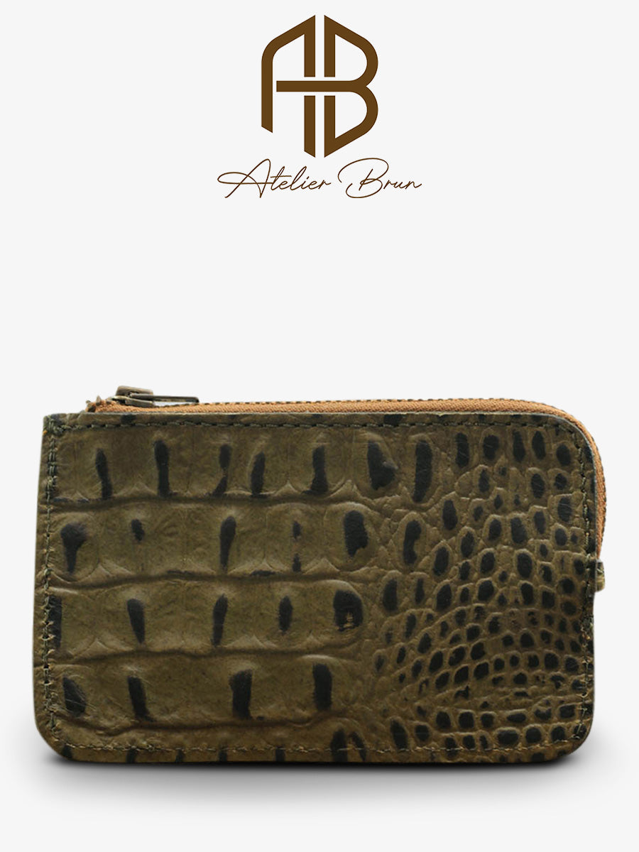Kaki Leather Card & Coin Holder with Zip Closure