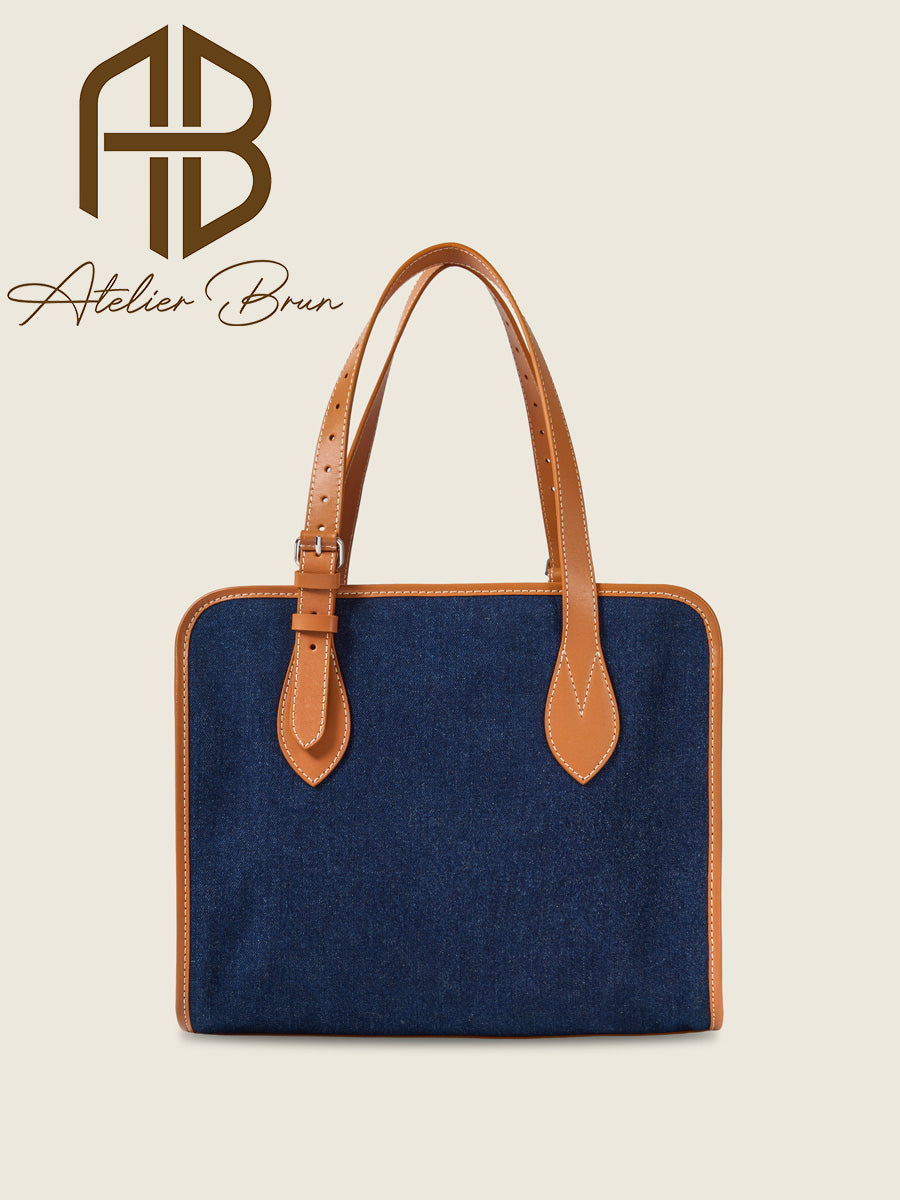 Structured Denim & Leather Tote Bag – Medium