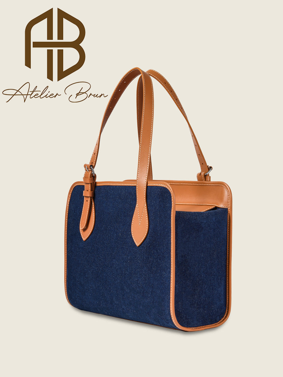 Structured Denim & Leather Tote Bag – Medium