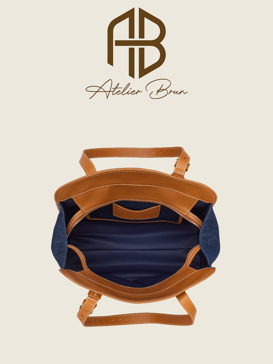Structured Denim & Leather Tote Bag – Medium